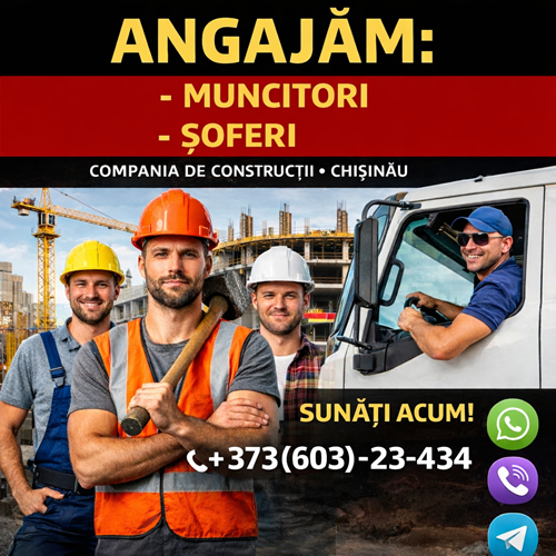 MUNCĂ PE ȘANTIER PENTRU BĂRBAȚI ÎN CHIȘINĂU! SALARIU MARE. CAZARE. BONUSURI!